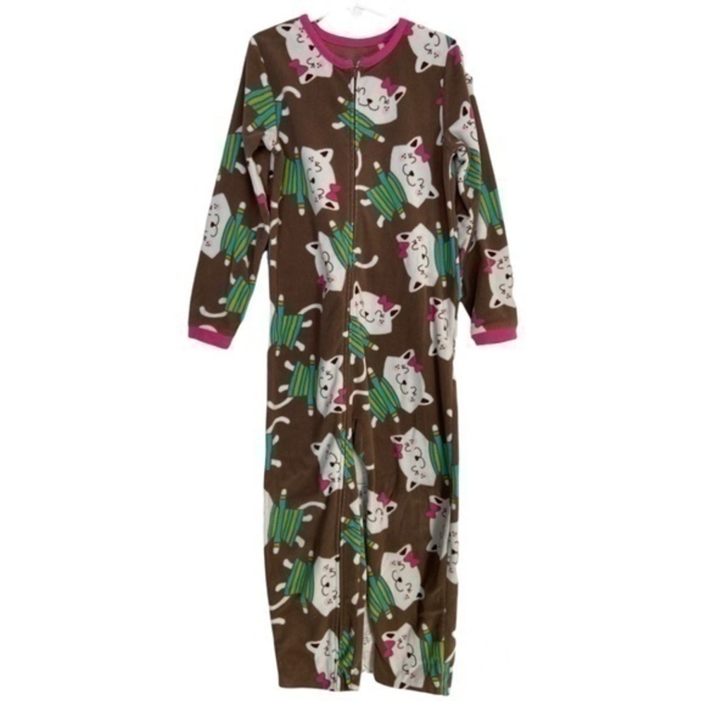 Carters Girls Pajamas Size 6 Fleece Cat Print Zip Up 1 Piece Footless‎ Pajamas